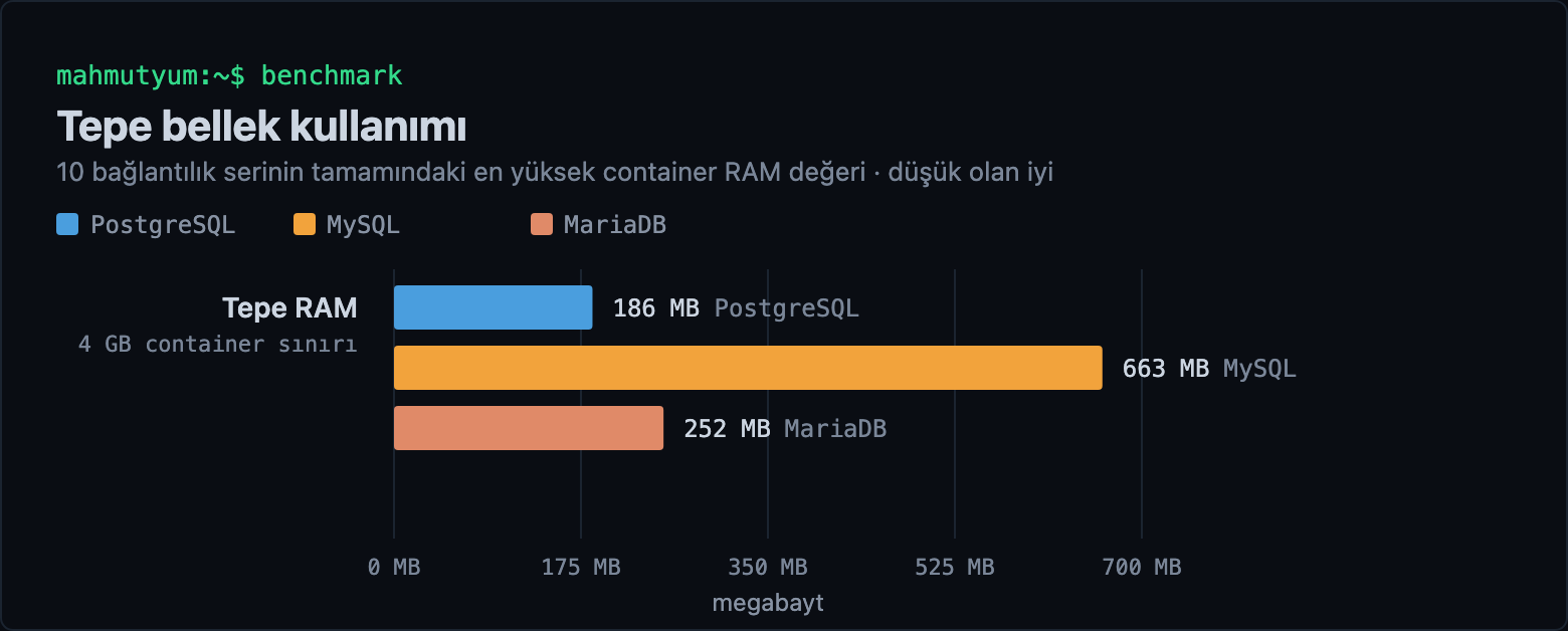 Veritabanı Benchmark: PostgreSQL vs MySQL vs MariaDB 2026 5 grafik bellek kullanimi